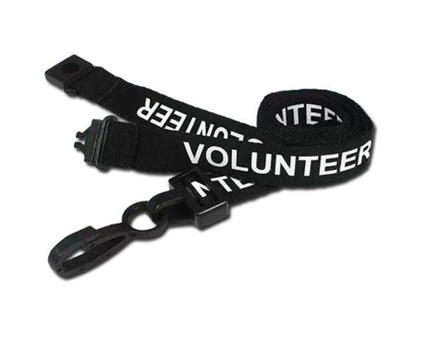 Black Volunteer Lanyards 15mm with White Text - Plastic J Clip (Pack of 100) — lanyard view