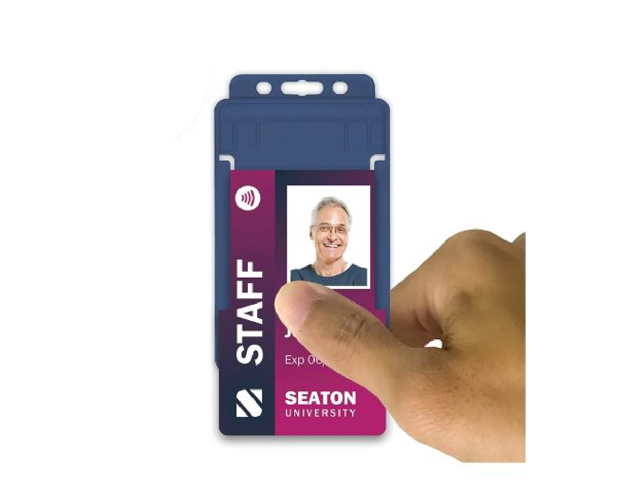 Dark Blue Single Sided BioBadge Open Faced ID Card Holders - Portrait (Pack of 100) — usage example 3