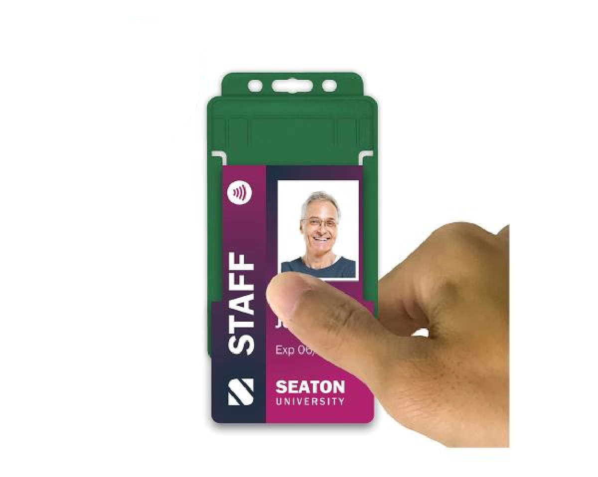 Dark Green Single Sided BioBadge Open Faced ID Card Holders - Portrait (Pack of 100) — usage example 3