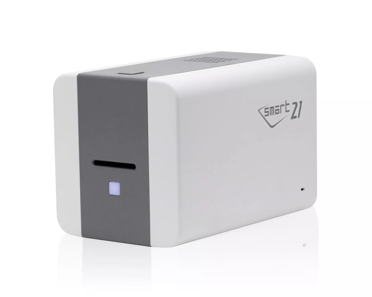 Angled side view of the IDP SMART-21 ID card printer