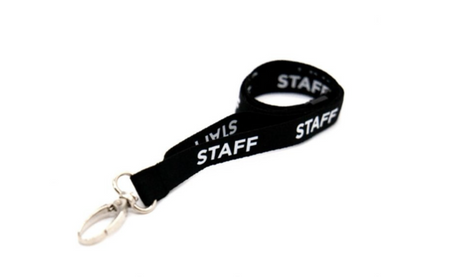 Black Staff Lanyards with White Text 15mm - Metal Lobster Clip (Pack of 100) — lanyard view