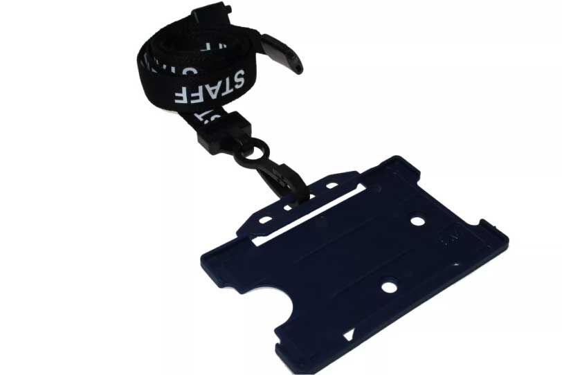 Black Staff Lanyards with White Text 15mm - Plastic Clip (Pack of 100) — card holder usage example (holder not included) 1