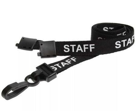 Black Staff Lanyards with White Text 15mm - Plastic Clip (Pack of 100) — lanyard view