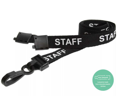 Black Staff Lanyards with White Text 15mm - Plastic Clip (Pack of 100) — lanyard view