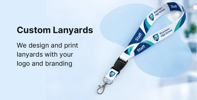 Custom printed lanyards with company logos and branding