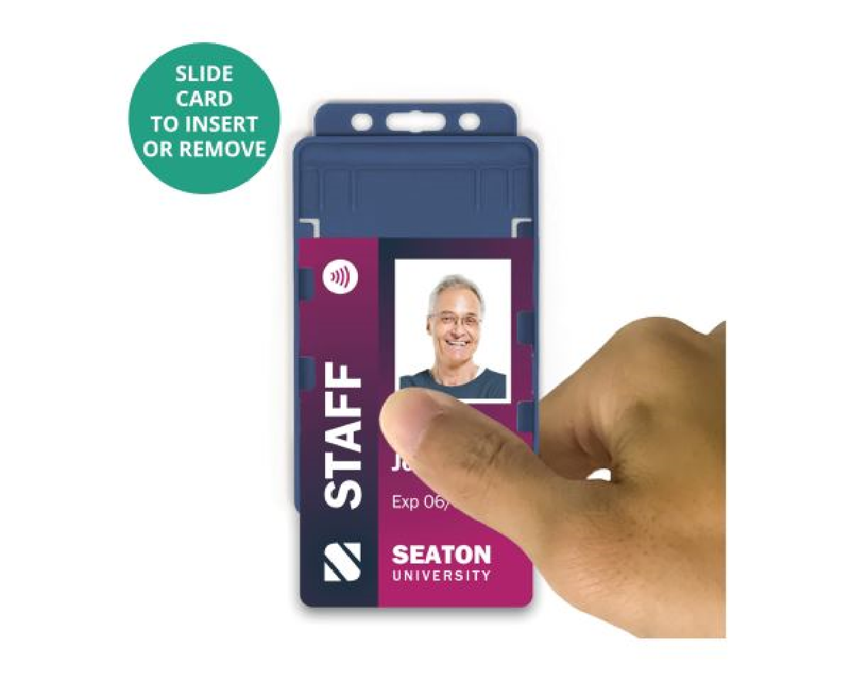 Dark Blue Dual Sided BioBadge Open Faced ID Card Holders - Portrait (Pack of 100) — usage example 3