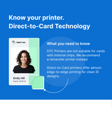 Direct-to-card printing guide showing edge-to-edge printing and advising a retransfer printer for cards with internal chips