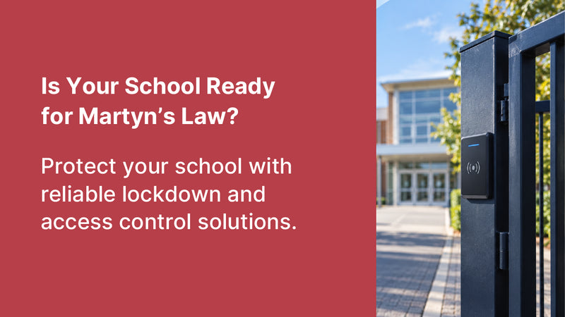 School gate with an access-control reader, promoting lockdown and access-control solutions for Martyn’s Law preparedness