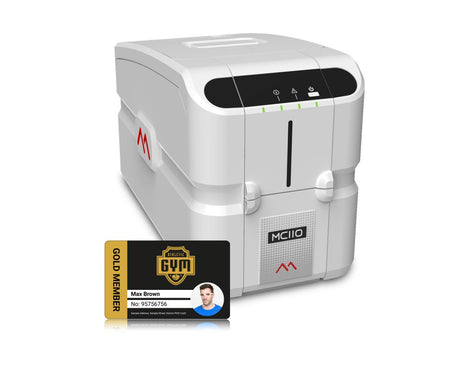 Matica MC110 dual-sided ID card printer — angled view with illustrative membership card