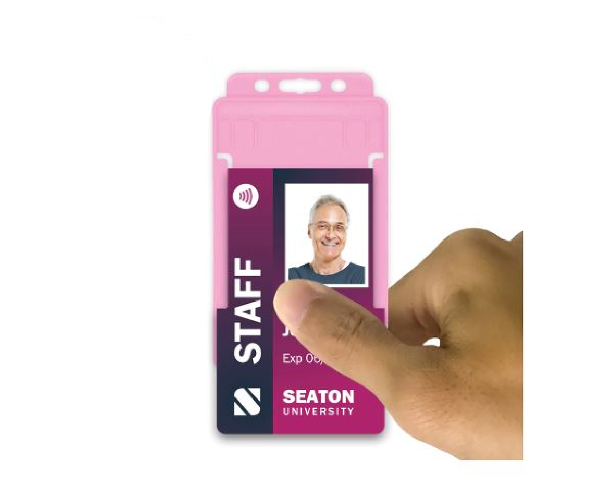 Pink Single-Sided BioBadge Open Faced ID Card Holders - Portrait (Pack of 100) — usage example 3
