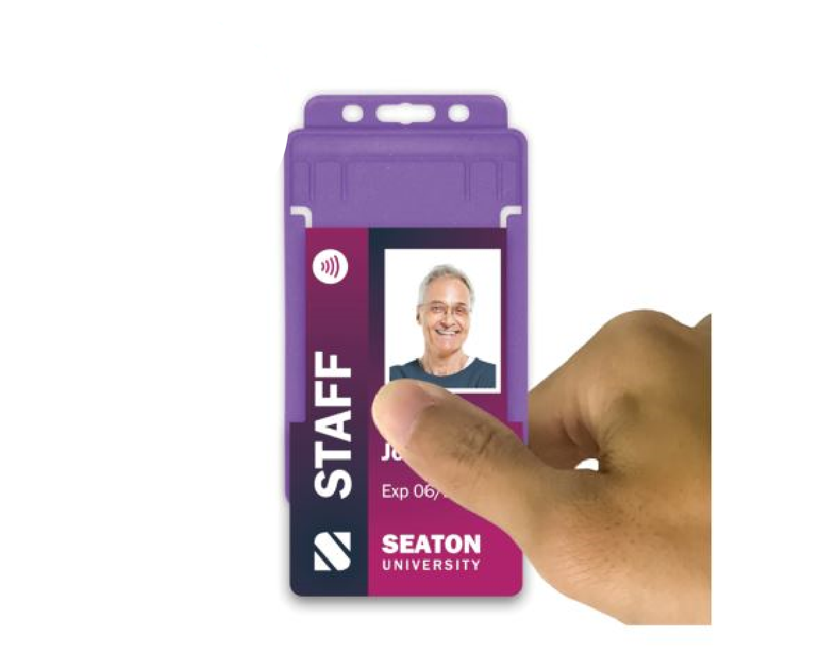 Purple Single-Sided BioBadge Open Faced ID Card Holders - Portrait (Pack of 100) — usage example 3
