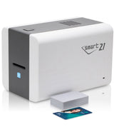 IDP SMART-21 ID card printer with a printed card in the output tray