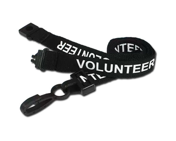 Black Volunteer Lanyards 15mm with White Text - Plastic J Clip (Pack of 100)