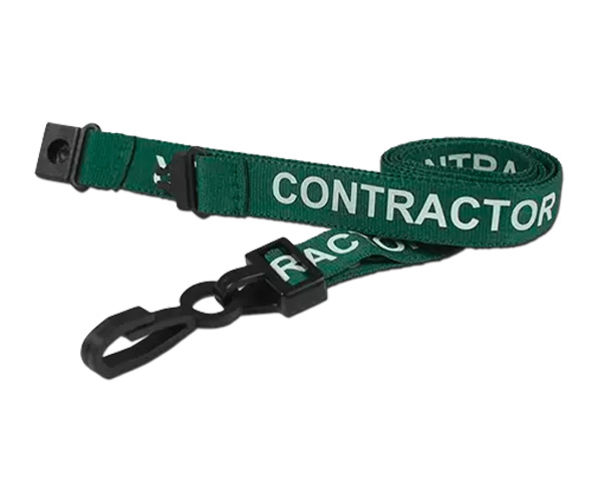 Green Contractor 15mm Lanyards with White Text - Plastic J Clip (Pack of 100)