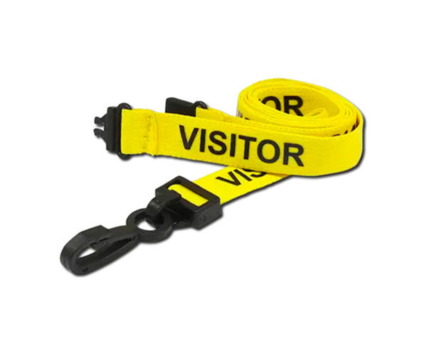 Yellow Visitor Lanyard 15mm - Black text - Plastic J Clip (Pack of 100)