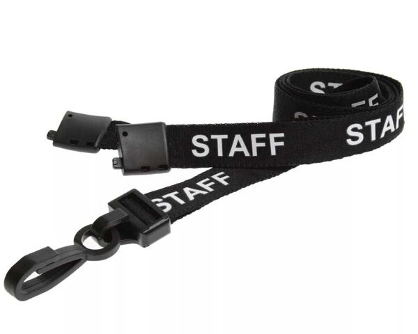 Black Staff Lanyards with White Text 15mm - Plastic Clip (Pack of 100)